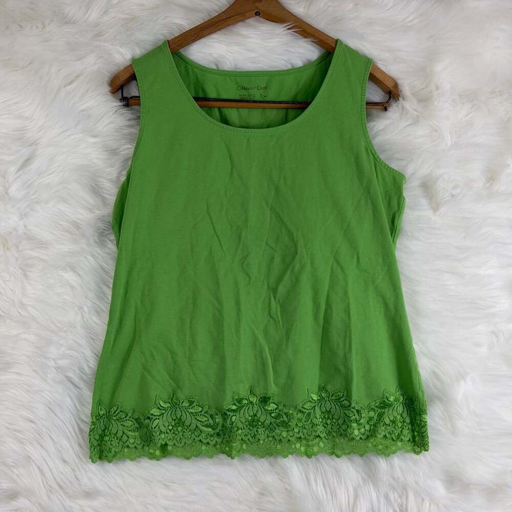 Coldwater Creek Tank Top Size M Green Lace Hem Cotton Spandex